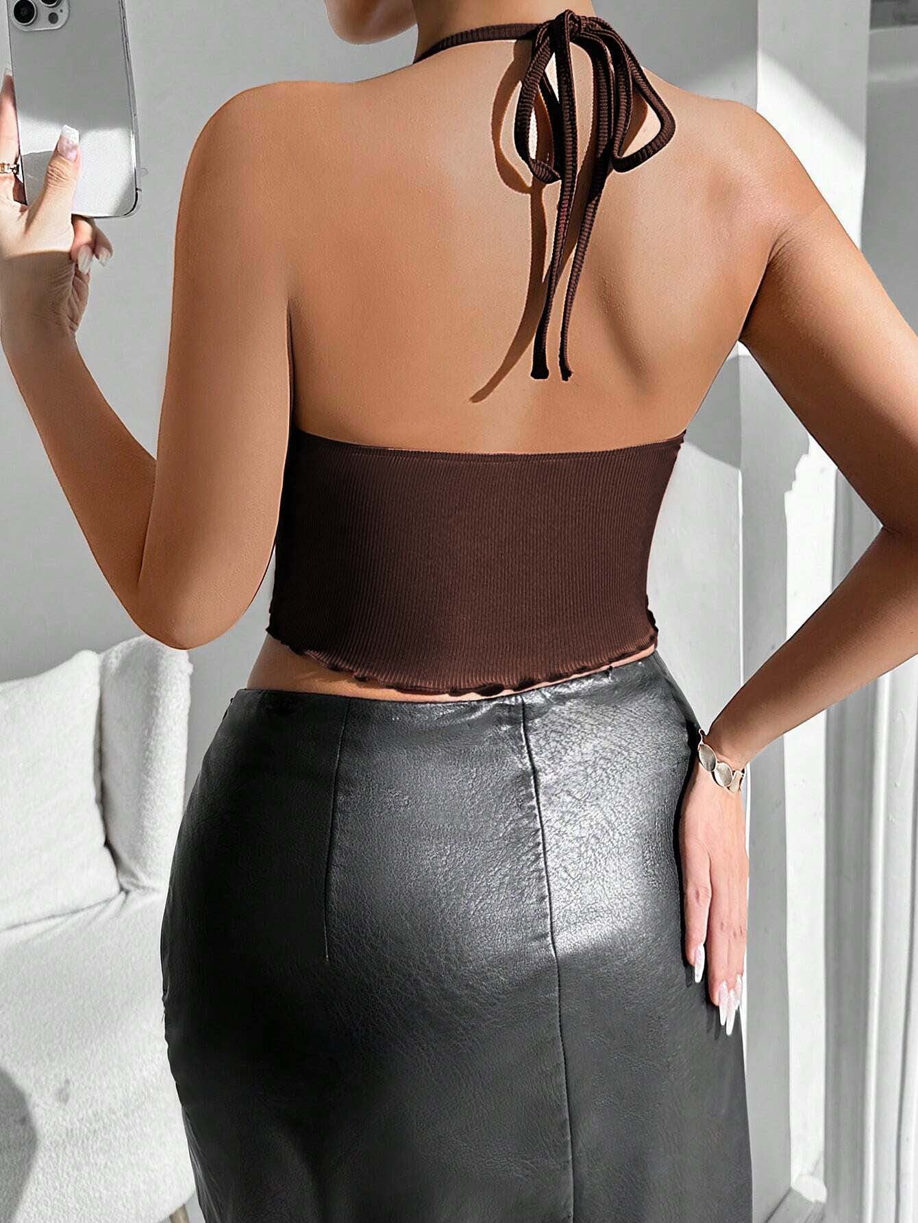 Ribbed Halter Crop Top with Bow Tie and Irregular Hem