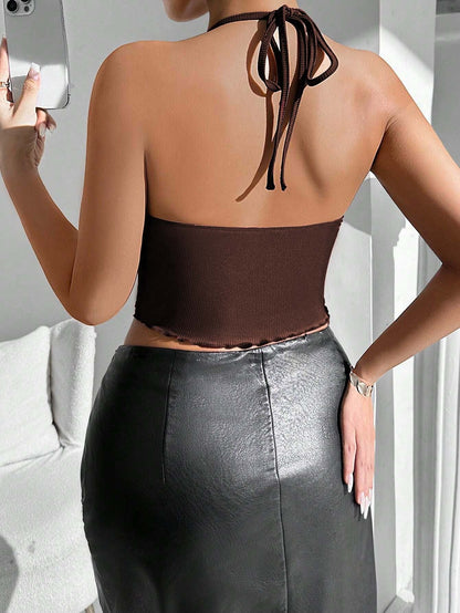 Ribbed Halter Crop Top with Bow Tie and Irregular Hem
