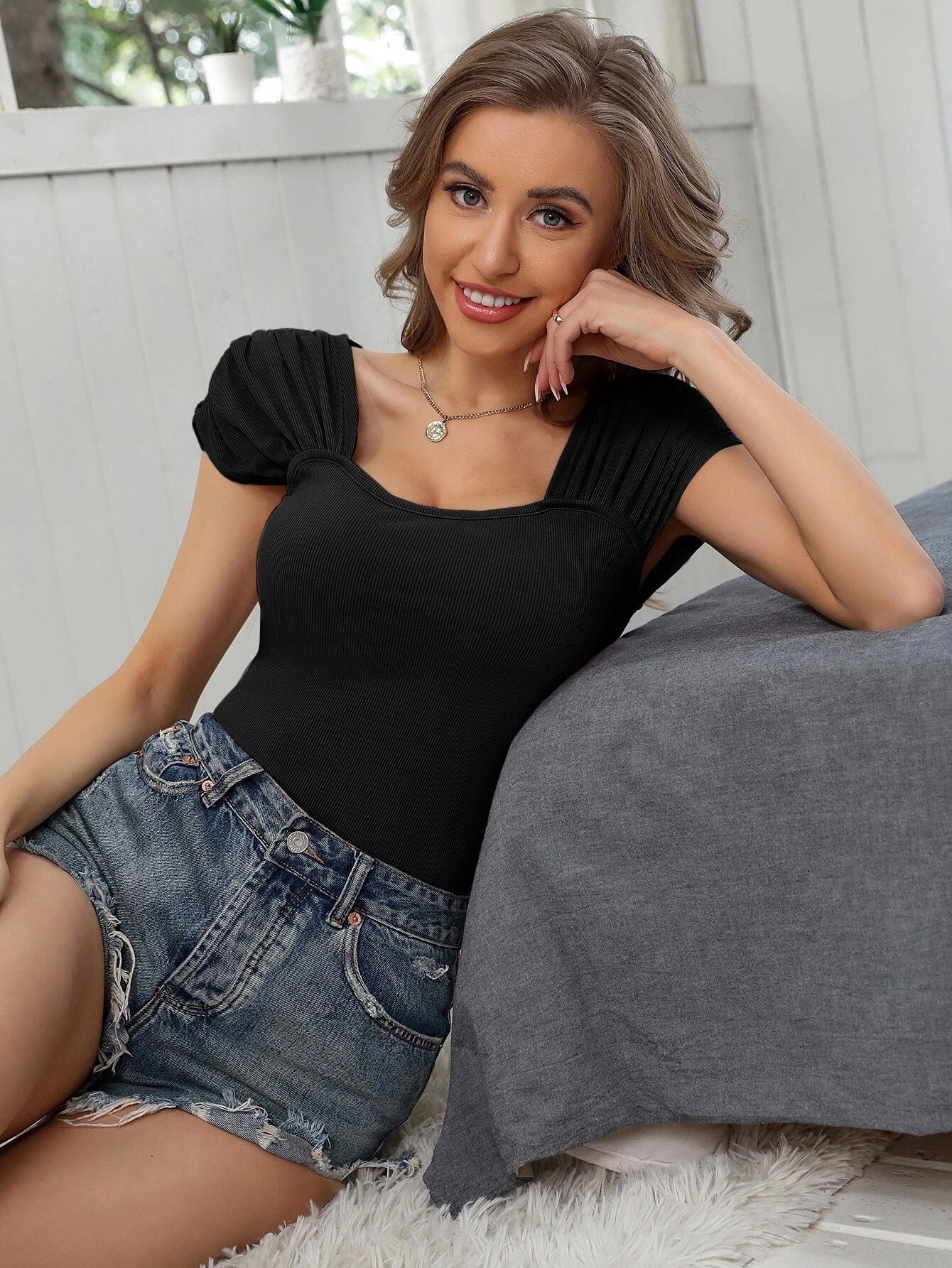 Slim Fit Ribbed Top with Square Neck and Ruched Cap Sleeves