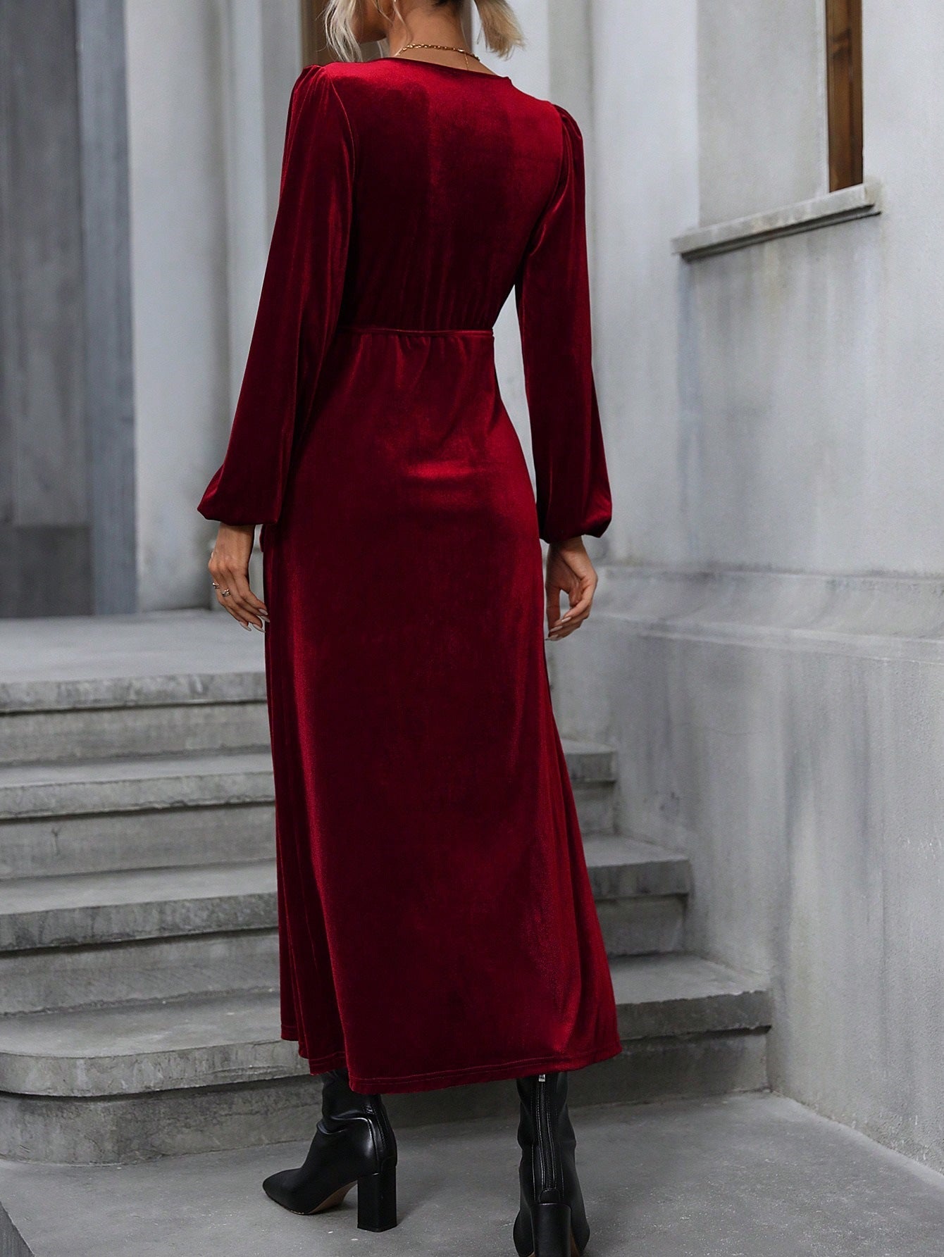 Wrap Velvet Maxi Dress with V-Neck and High Slit