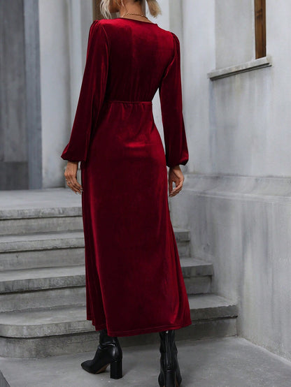 Wrap Velvet Maxi Dress with V-Neck and High Slit