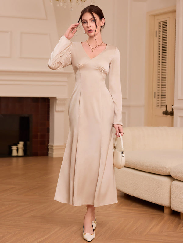 A-Line Acetate Satin Midi Dress with V-Neck and Flared Sleeves