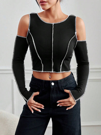 Slim Fit Ribbed Crop Top with Cold Shoulder and Contrast Stitching