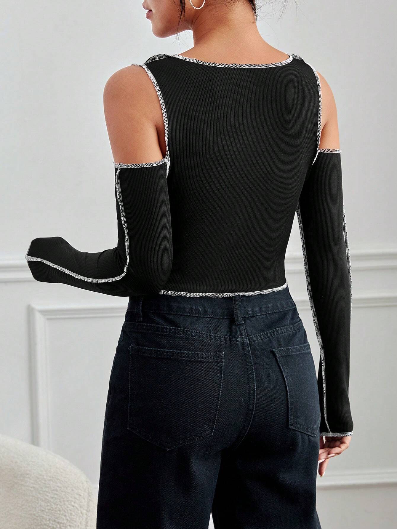 Slim Fit Ribbed Crop Top with Cold Shoulder and Contrast Stitching