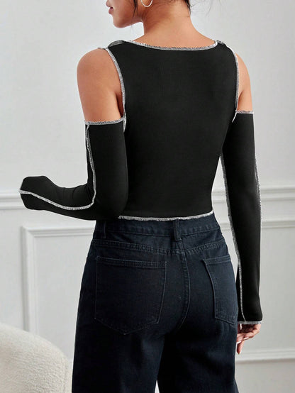 Slim Fit Ribbed Crop Top with Cold Shoulder and Contrast Stitching