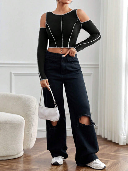 Slim Fit Ribbed Crop Top with Cold Shoulder and Contrast Stitching