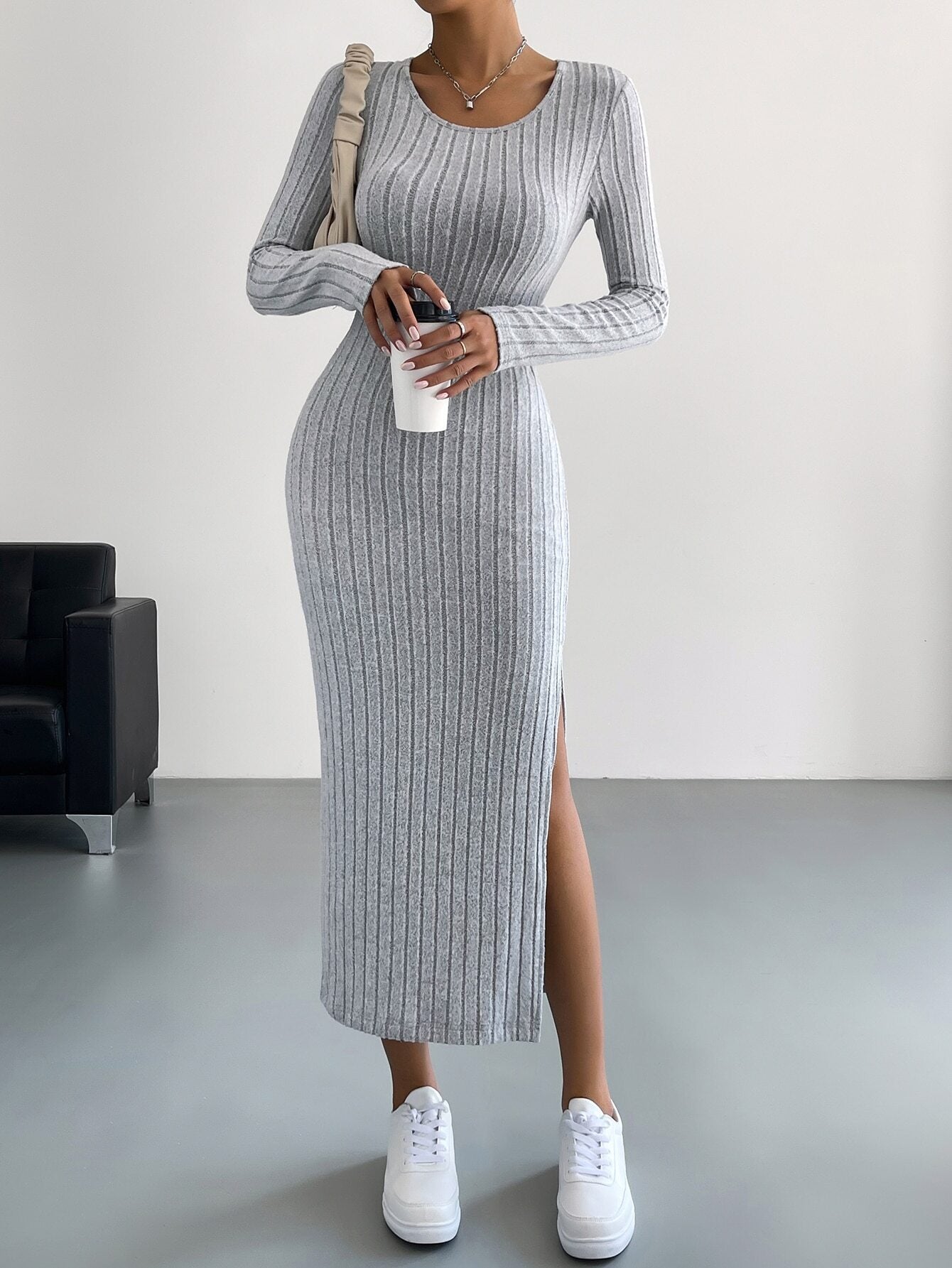 Long Sleeve Ribbed Knit Maxi Dress with Side Slit