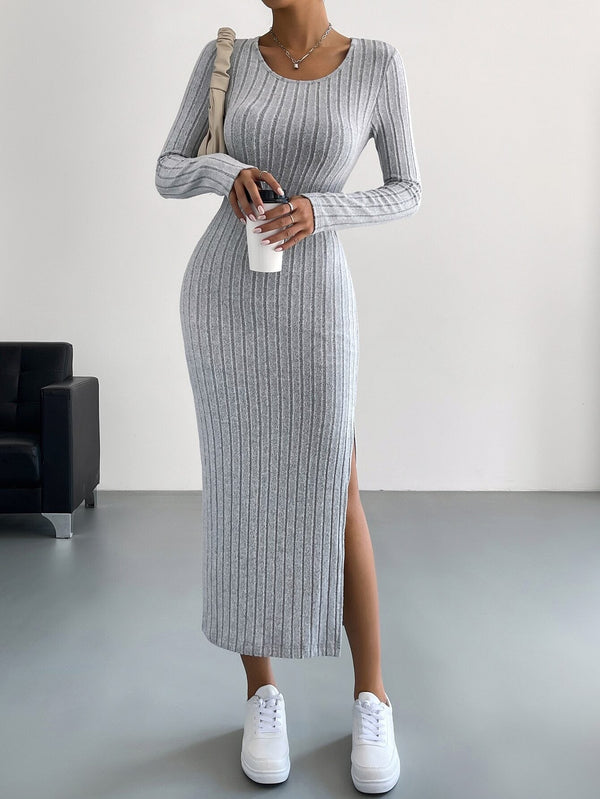 Long Sleeve Ribbed Knit Maxi Dress with Side Slit