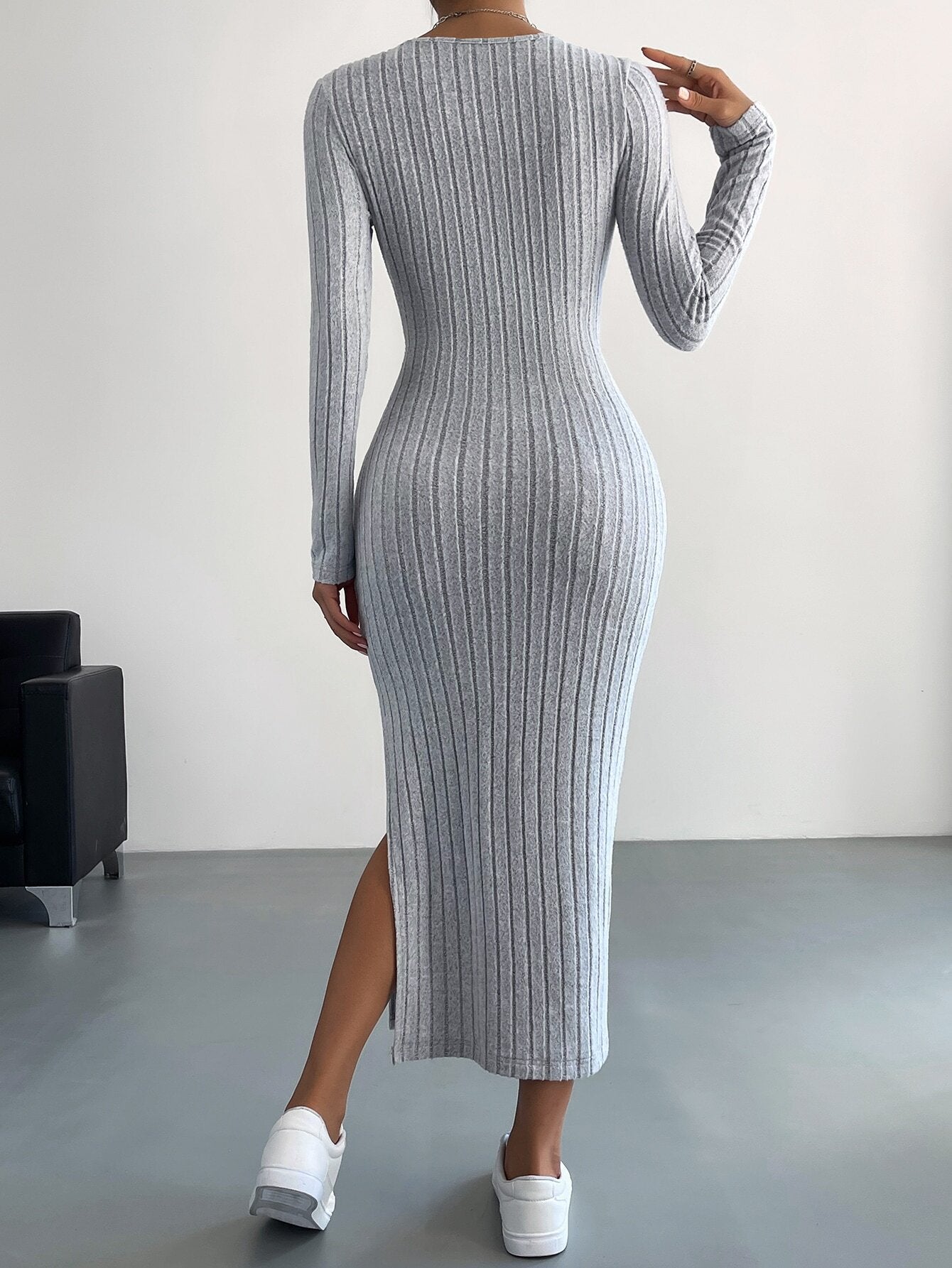 Long Sleeve Ribbed Knit Maxi Dress with Side Slit