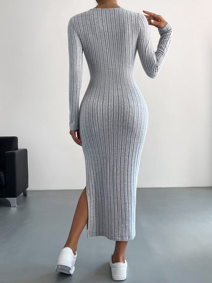 Long Sleeve Ribbed Knit Maxi Dress with Side Slit