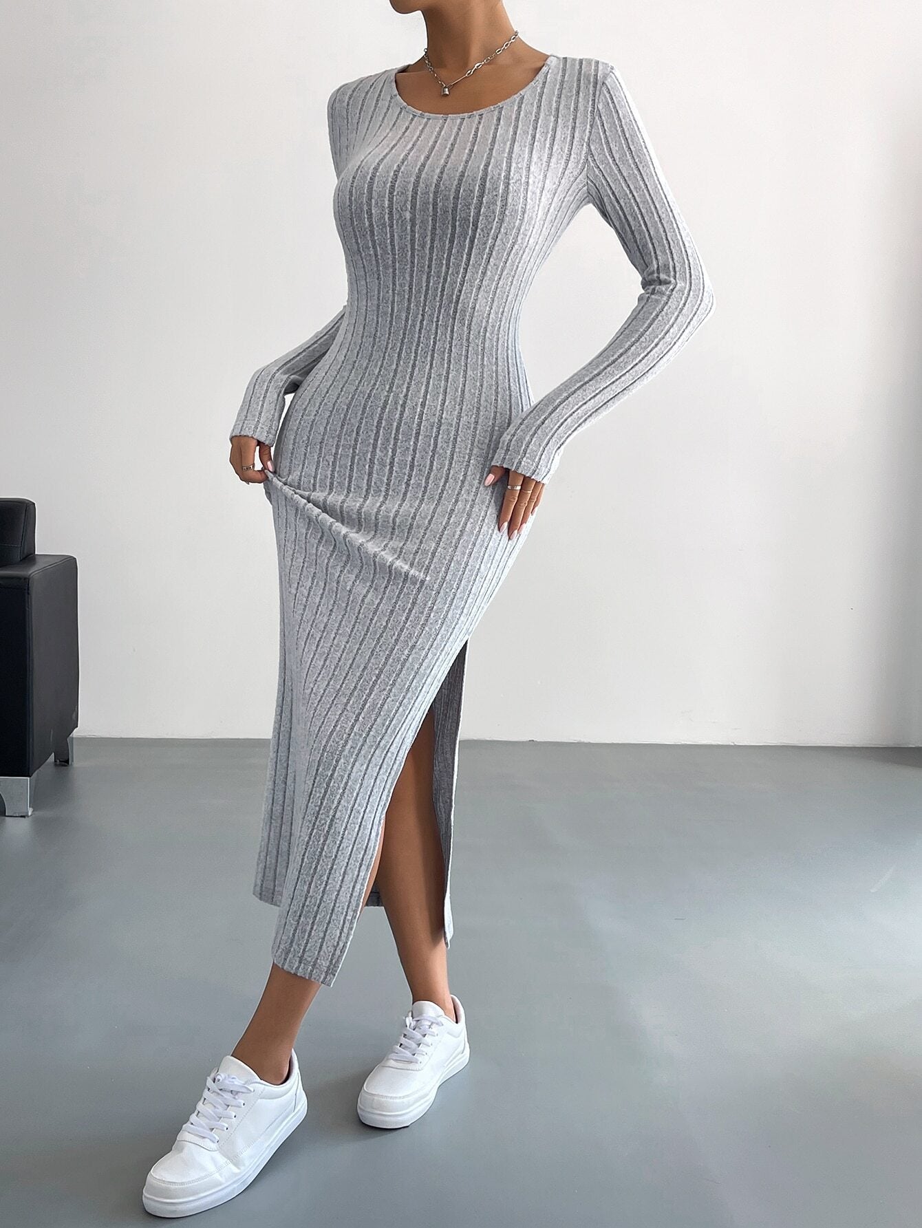 Long Sleeve Ribbed Knit Maxi Dress with Side Slit