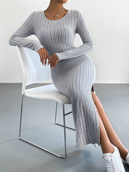 Long Sleeve Ribbed Knit Maxi Dress with Side Slit