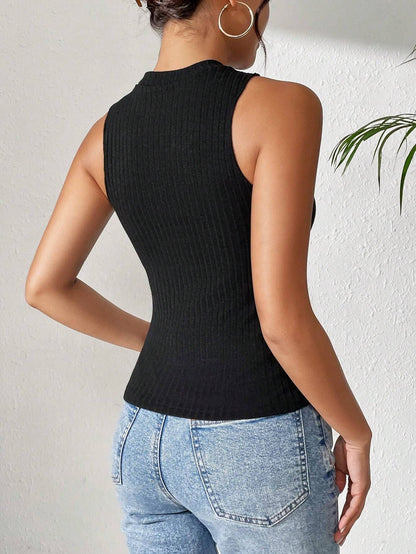 Slim Fit Rib-Knit Halter Top with Twist Detail