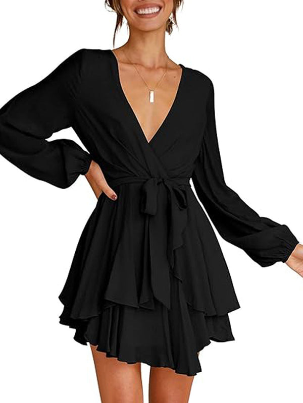 Ruffled V-Neck Mini Dress with Long Sleeves and Tie Waist