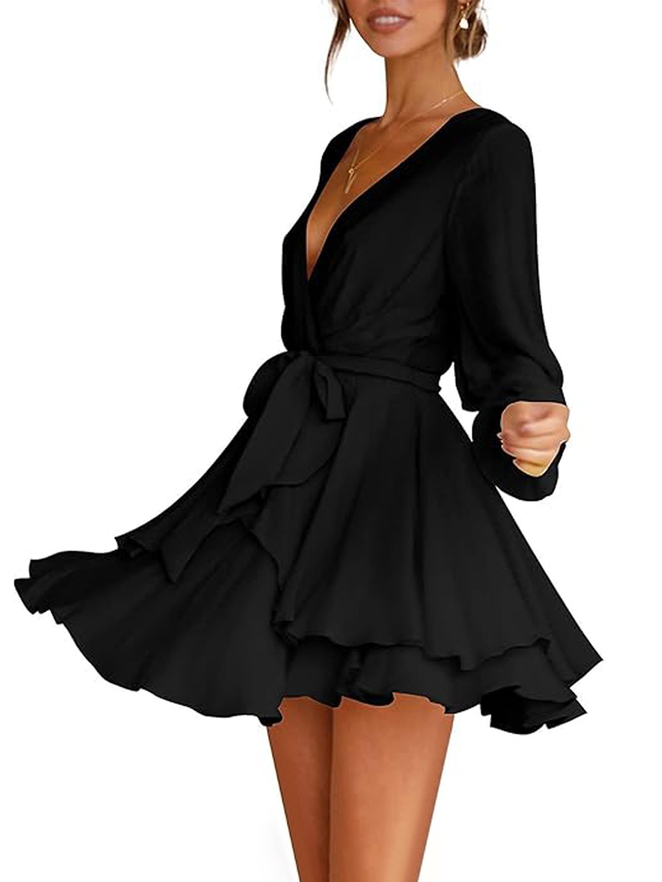Ruffled V-Neck Mini Dress with Long Sleeves and Tie Waist