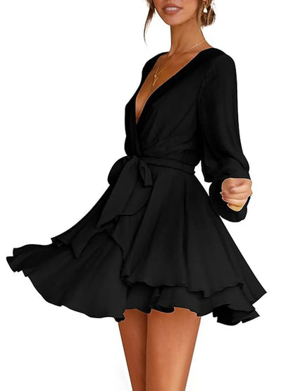 Ruffled V-Neck Mini Dress with Long Sleeves and Tie Waist
