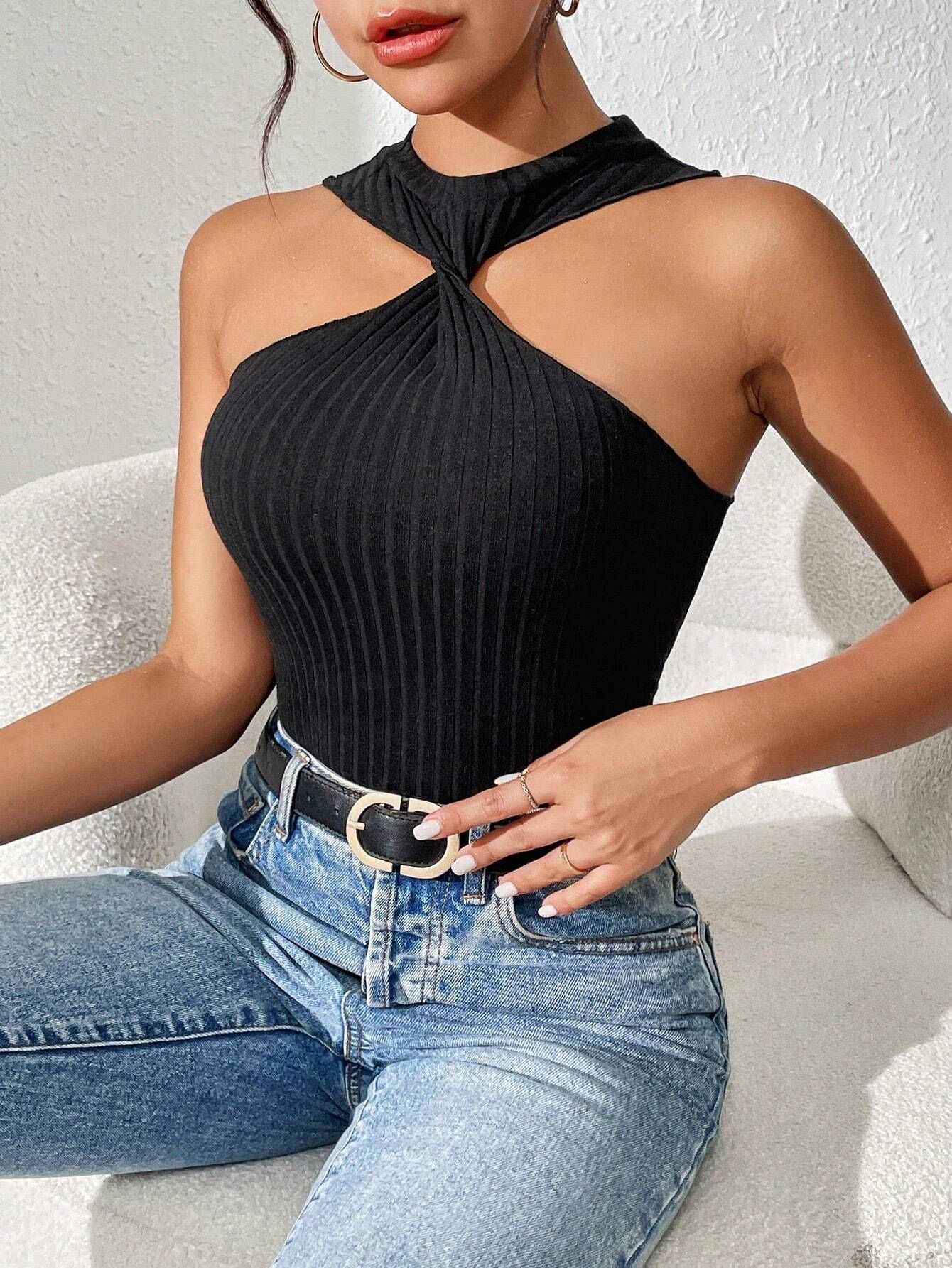 Slim Fit Rib-Knit Halter Top with Twist Detail