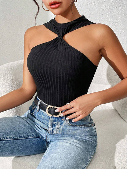 Slim Fit Rib-Knit Halter Top with Twist Detail