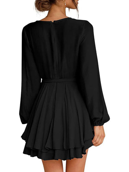 Ruffled V-Neck Mini Dress with Long Sleeves and Tie Waist