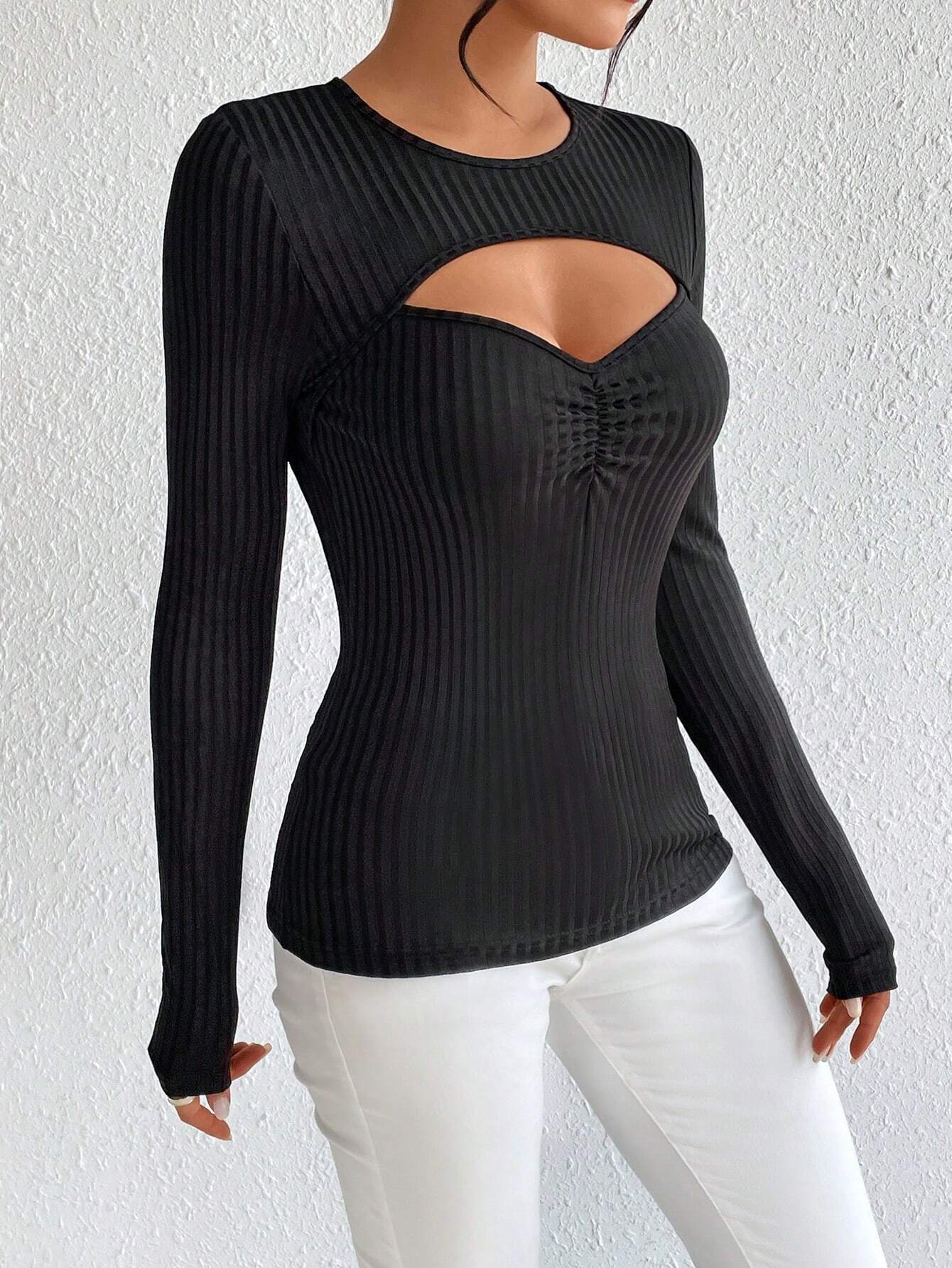 Ribbed Long Sleeve Top with Chest Cut-Out and Ruched Front