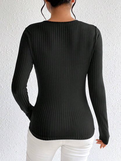Ribbed Long Sleeve Top with Chest Cut-Out and Ruched Front