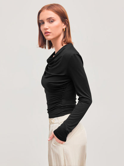 Cowl Neck Long Sleeve Top with Side Ruched Detail