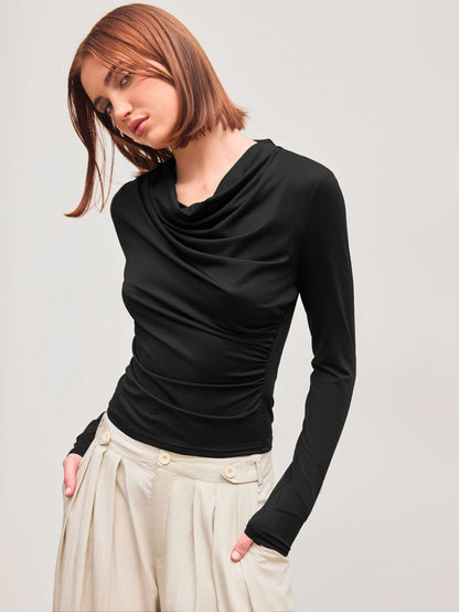Cowl Neck Long Sleeve Top with Side Ruched Detail