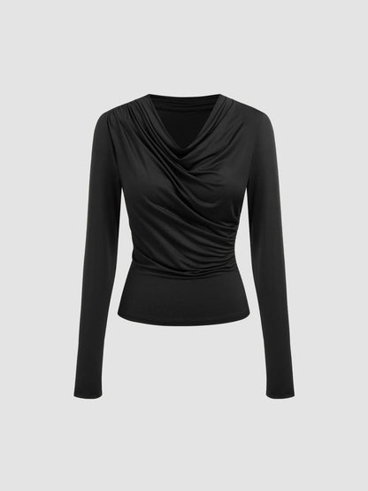 Cowl Neck Long Sleeve Top with Side Ruched Detail