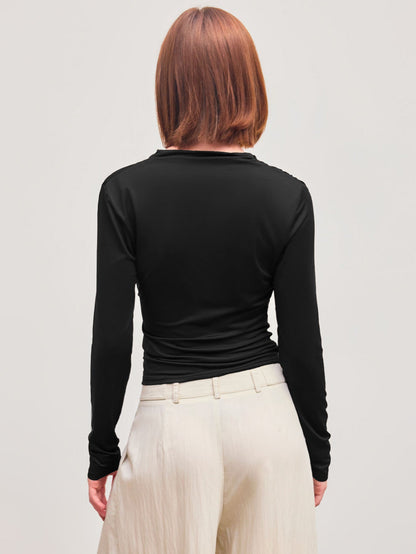 Cowl Neck Long Sleeve Top with Side Ruched Detail