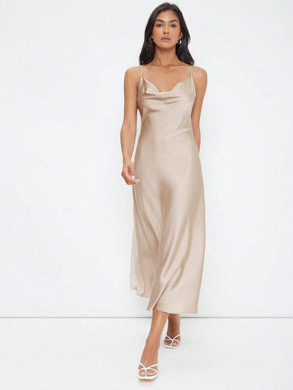 Champagne Satin Midi Slip Dress with Cowl Neck
