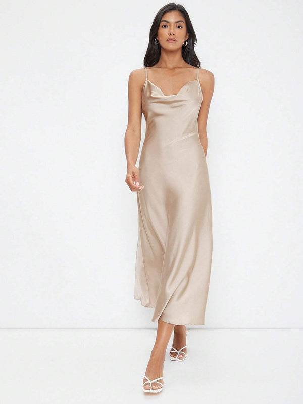 Champagne Satin Midi Slip Dress with Cowl Neck