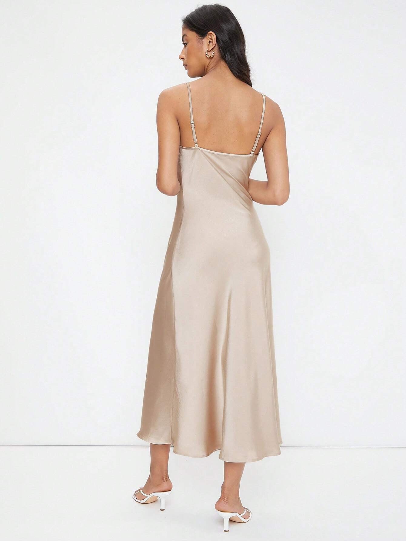 Champagne Satin Midi Slip Dress with Cowl Neck