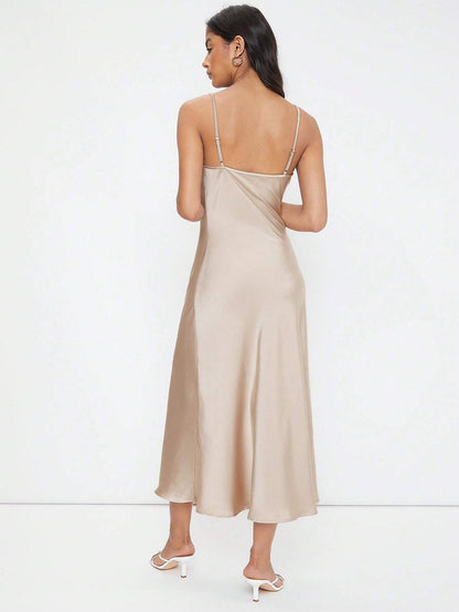 Champagne Satin Midi Slip Dress with Cowl Neck