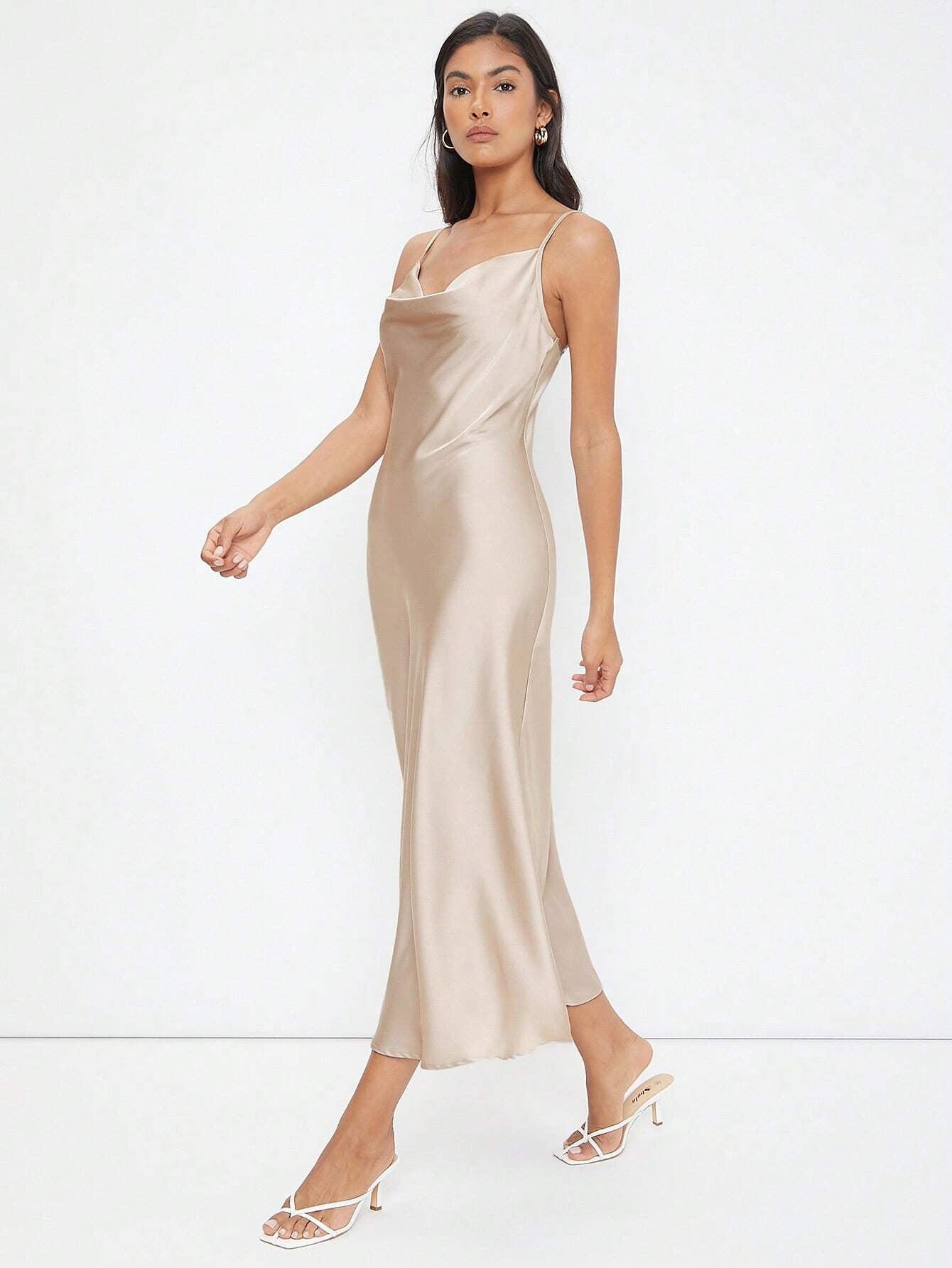 Champagne Satin Midi Slip Dress with Cowl Neck