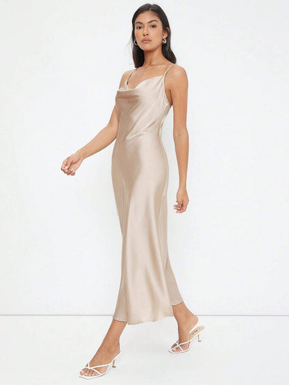 Champagne Satin Midi Slip Dress with Cowl Neck