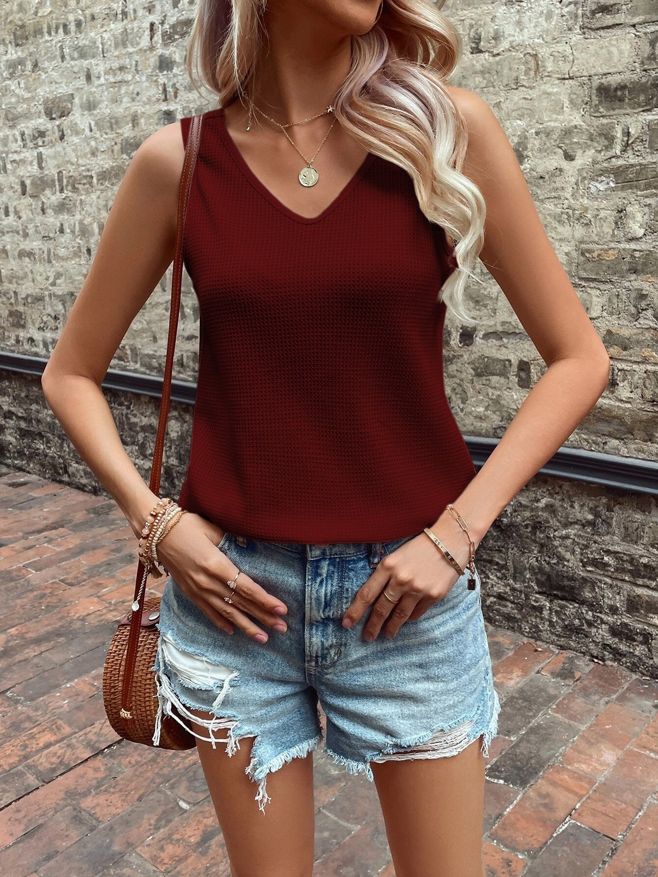 Waffle Knit Tank Top with V-Neck and Backless Detail