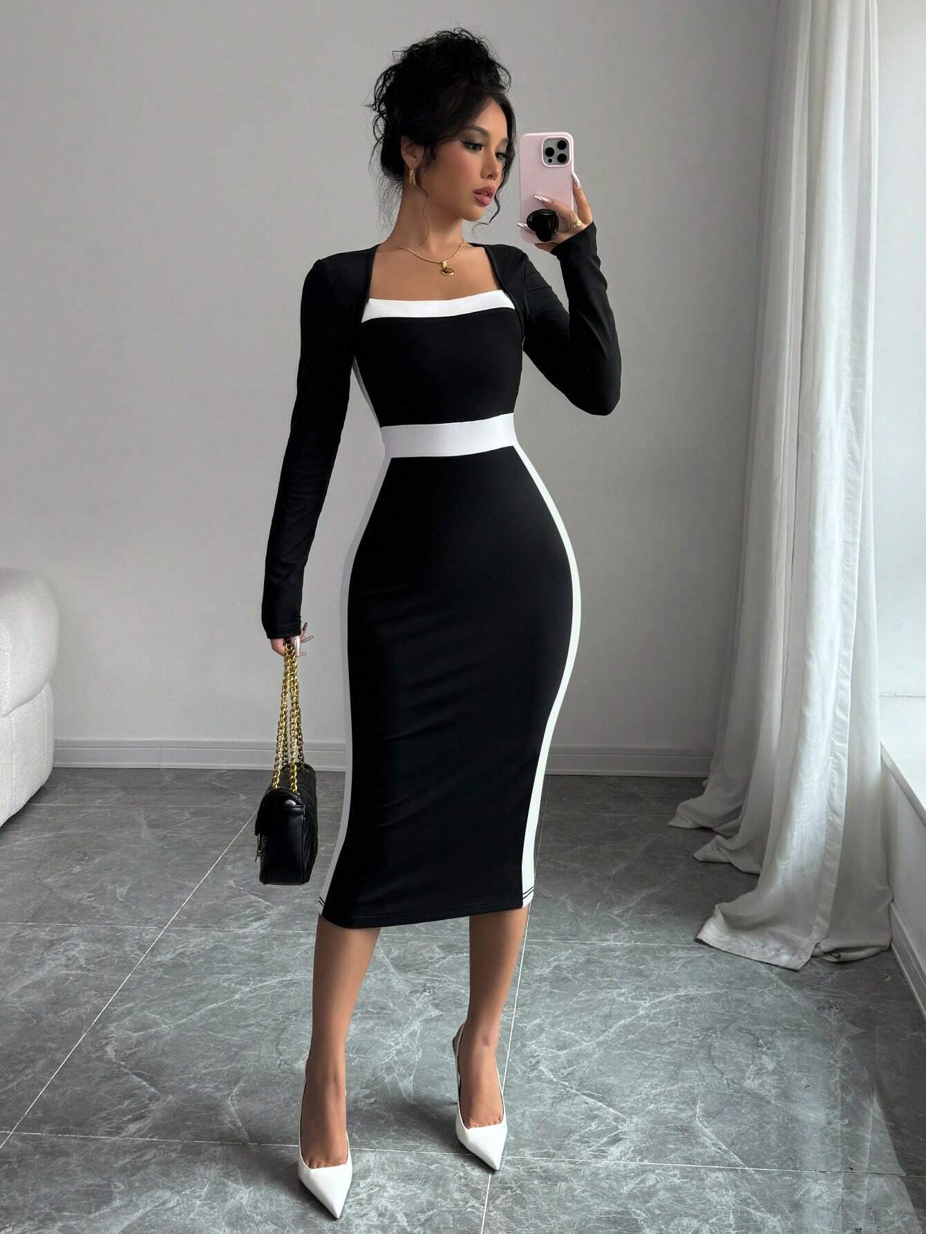 Color-Blocked Bodycon Midi Dress with Square Neck and Long Sleeves