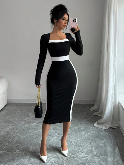 Color-Blocked Bodycon Midi Dress with Square Neck and Long Sleeves