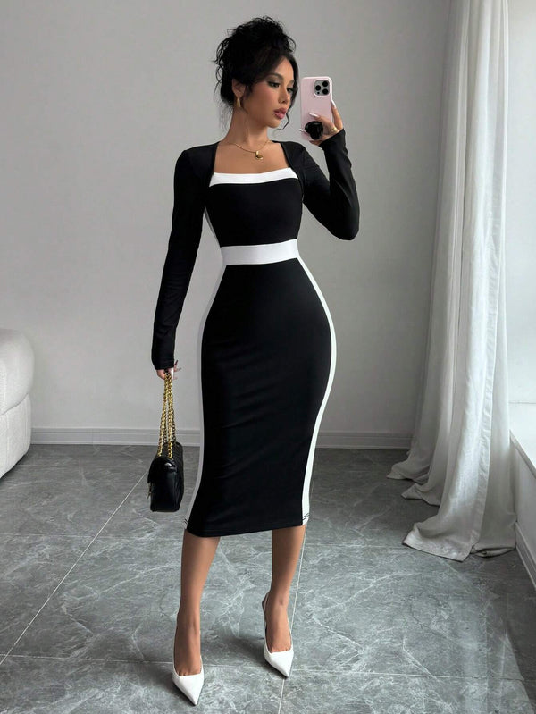 Color-Blocked Bodycon Midi Dress with Square Neck and Long Sleeves