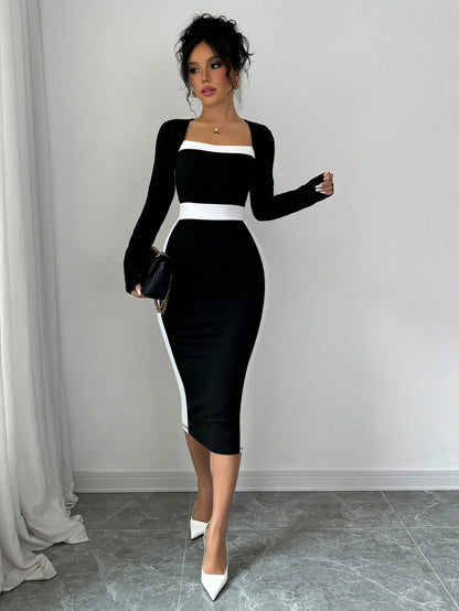 Color-Blocked Bodycon Midi Dress with Square Neck and Long Sleeves