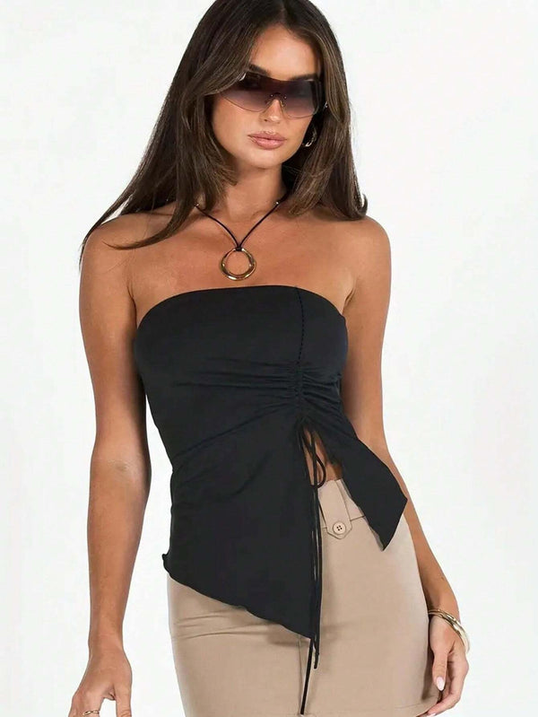 Asymmetrical Tube Top with Ruched Drawstring Detail