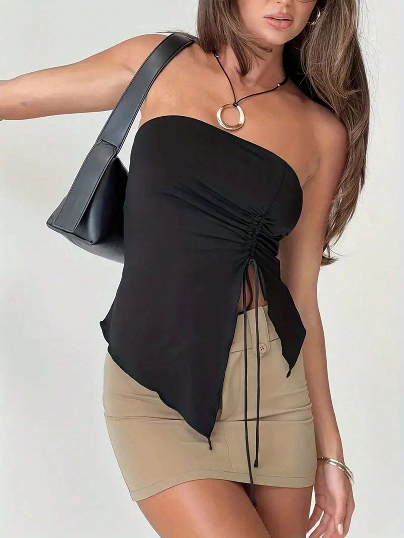 Asymmetrical Tube Top with Ruched Drawstring Detail