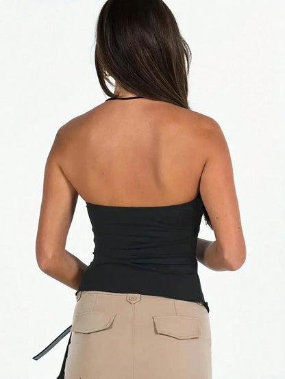 Asymmetrical Tube Top with Ruched Drawstring Detail