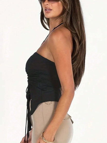 Asymmetrical Tube Top with Ruched Drawstring Detail