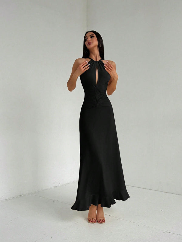 A-Line Halter Maxi Dress with Keyhole and Ruffle Hem