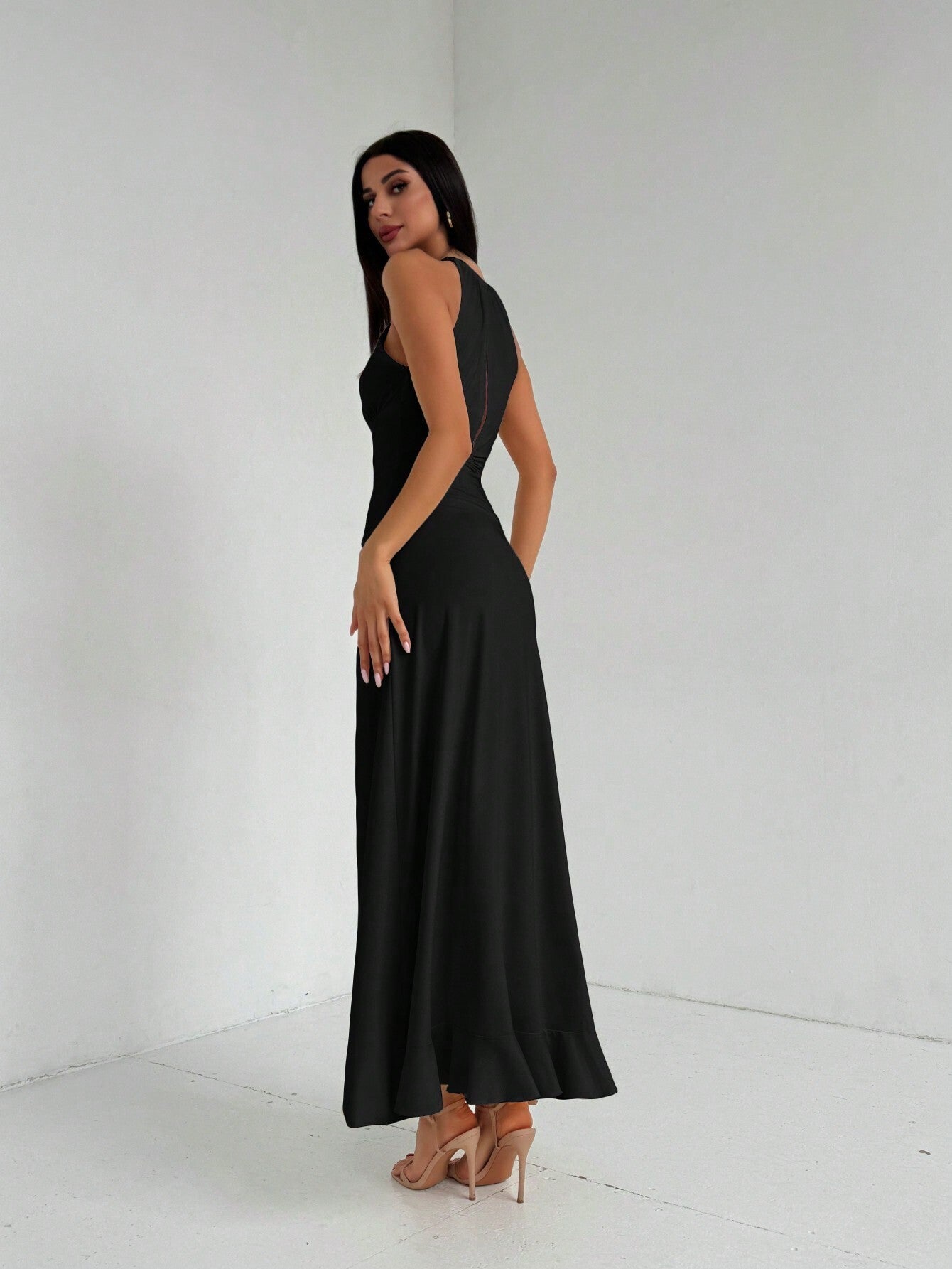 A-Line Halter Maxi Dress with Keyhole and Ruffle Hem