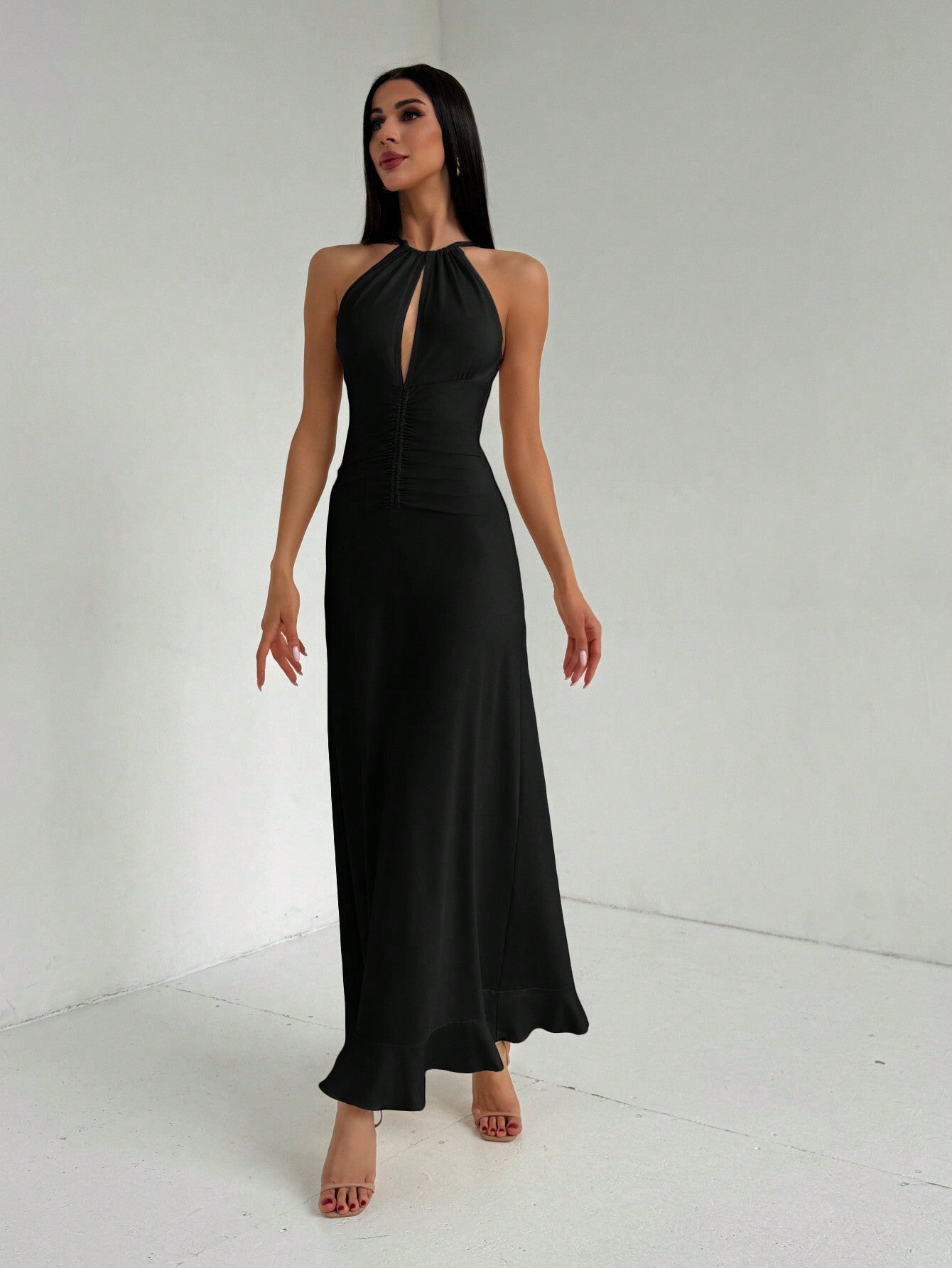 A-Line Halter Maxi Dress with Keyhole and Ruffle Hem