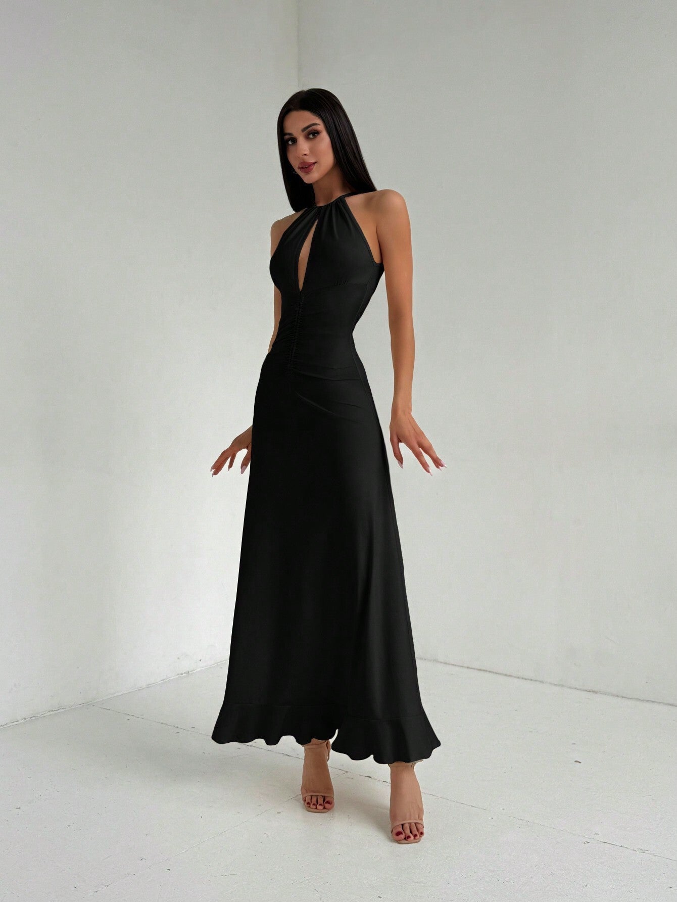 A-Line Halter Maxi Dress with Keyhole and Ruffle Hem