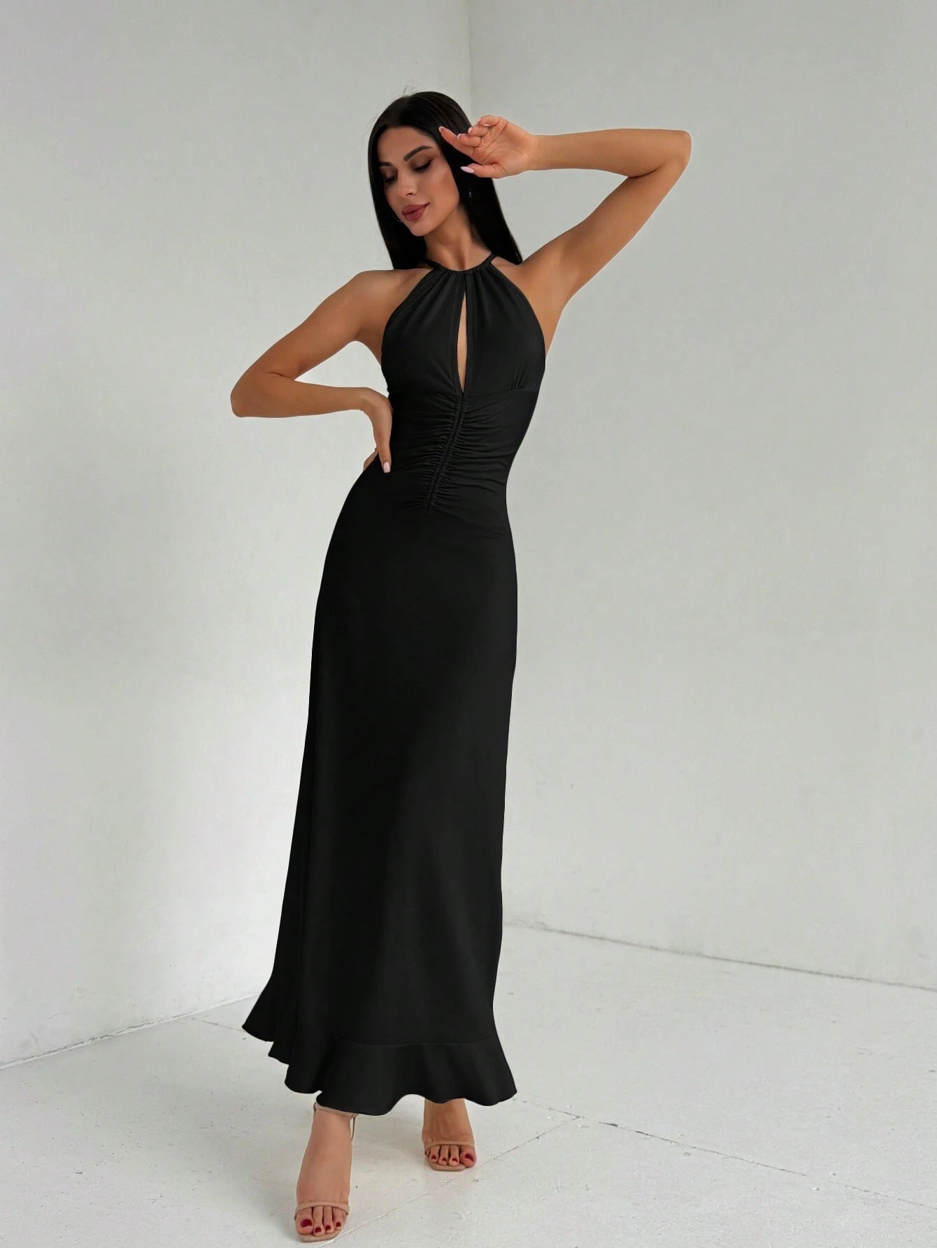 A-Line Halter Maxi Dress with Keyhole and Ruffle Hem