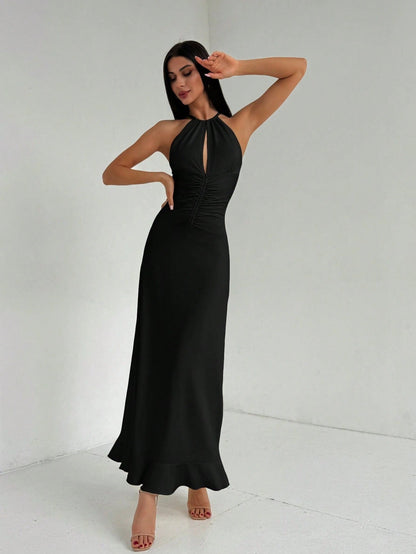 A-Line Halter Maxi Dress with Keyhole and Ruffle Hem